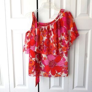 Trina Turk Size Medium One Shoulder Tie Floral Top Blouse Overlay